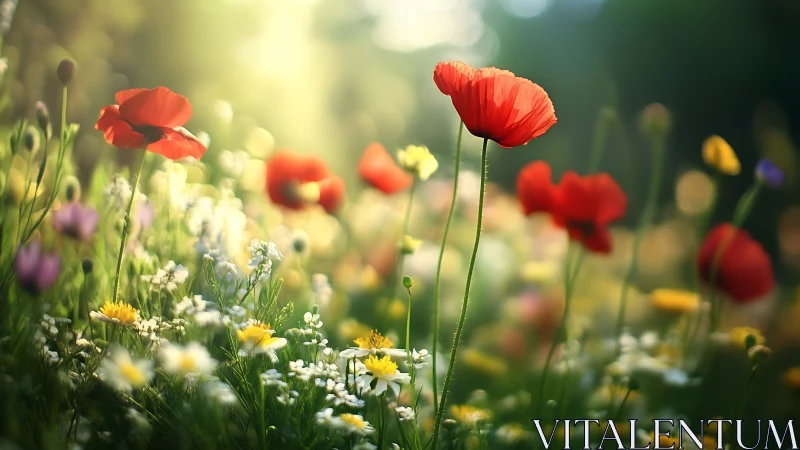 Backlit poppy meadow rendered with shallow depth-of-field optics