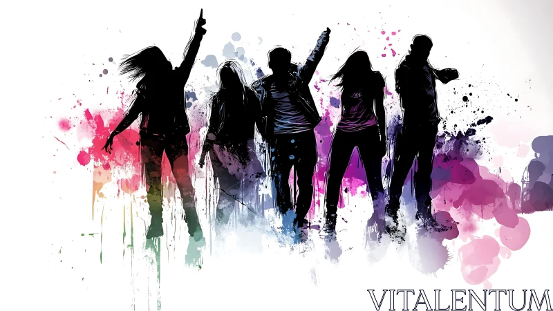 Colorful friends dancing in a splash of joyful energy.