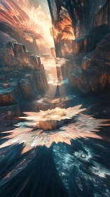 Fractal canyon with crystalline light blooms and volumetric scattering