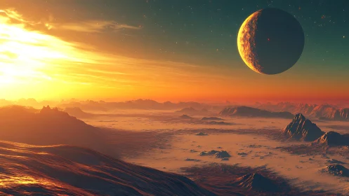 Radiant exoplanetary sunrise over stratified glacial basin terrain