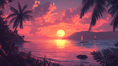 Tropical shoreline with sunset, sailboats, and palm silhouettes.
