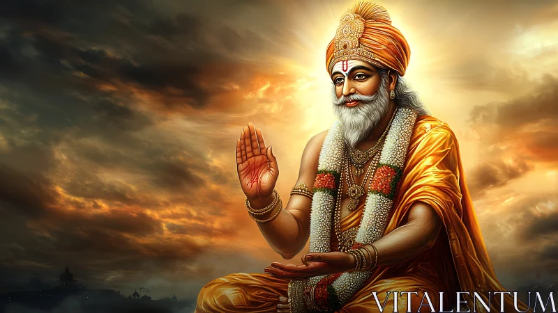 Radiant sage in golden robes blessing under stormy sky.