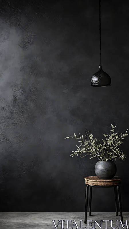 Dark interior still life with lamp, stool and plant.