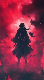 Backlit ronin silhouette in crimson atmospheric digital painting.