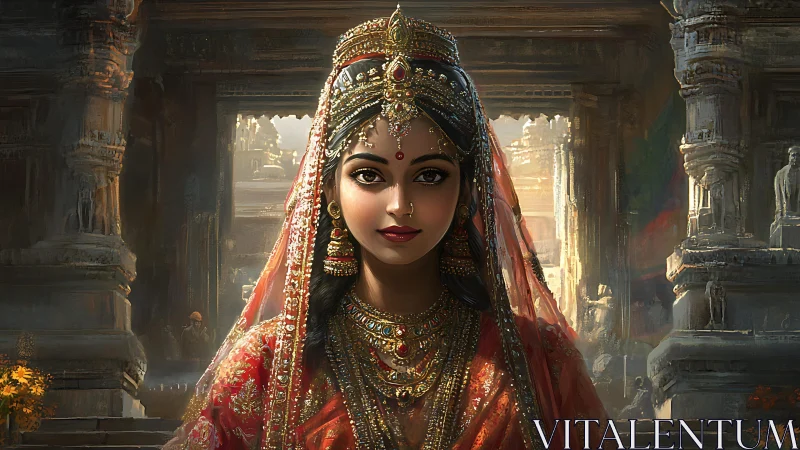 Royal Indian bride portrait in ornate temple courtyard light