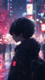 Solitary teen silhouette in neon soaked city rain.