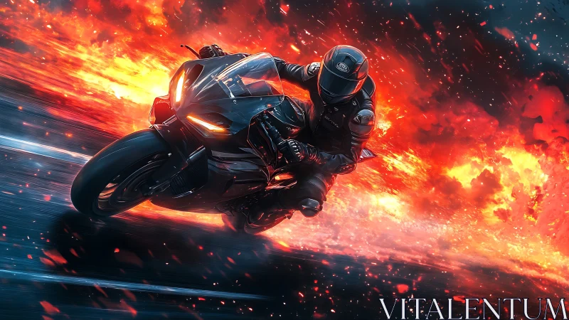 Motorcyclist carving fiery trail through cinematic nightscape.