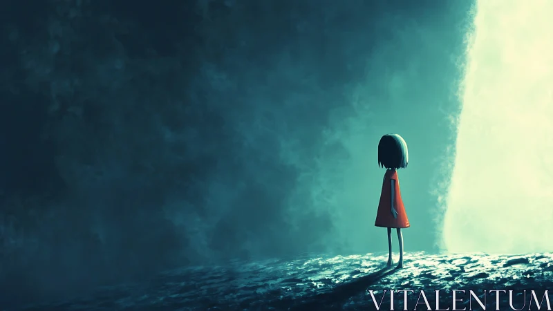 Solitary child in red dress before glowing unknown.