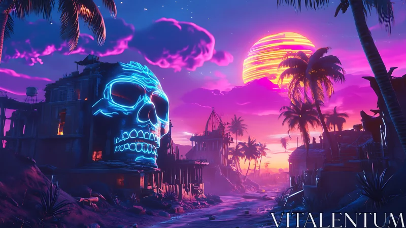 Neon skull shoreline under candy sunset skies at dusk.