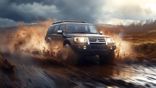 Off-road SUV powers through muddy terrain at golden hour
