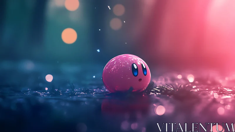 Soft pink wanderer under neon forest drizzle at dusk.