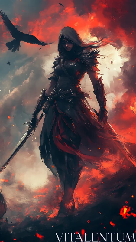 Hooded warrior in ember storm rendered as dramatic digital art