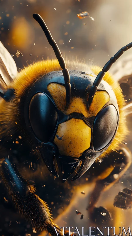 Macro hornet portrait in dynamic golden bokeh storm.