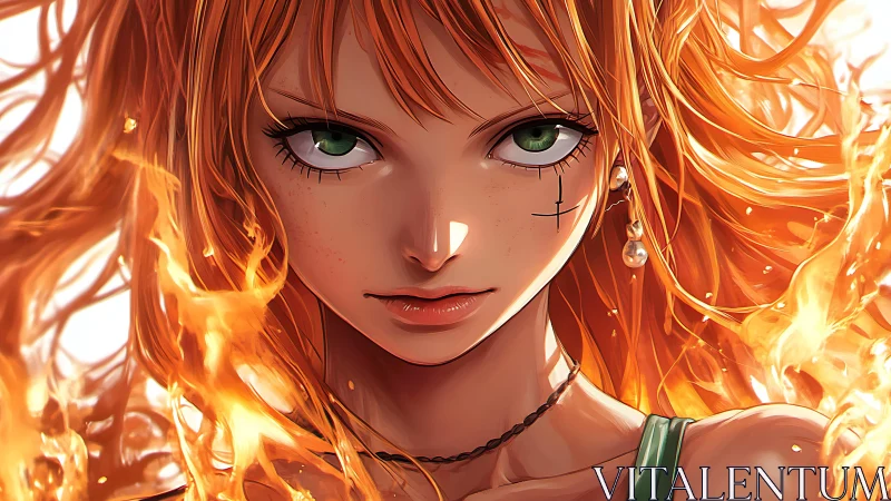 Fiery green eyed heroine framed by swirling golden flames.
