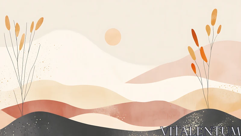 Abstract layered hills with minimal plants and sun motif.