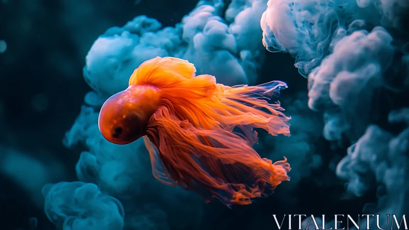 Glowing betta fish drifting softly through dreamy blue clouds.