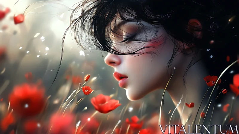 Profile portrait of young woman amid luminous red poppies
