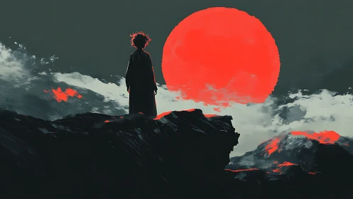 Lone figure confronts a blazing crimson sun above dark cliffs