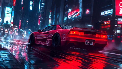 Red sports car moves through wet neon city street at night