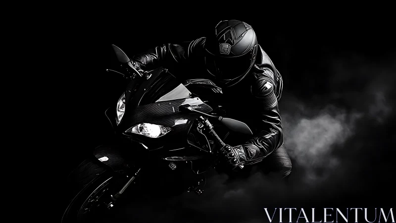 Low-key photorealistic superbike rider in dramatic motion study.