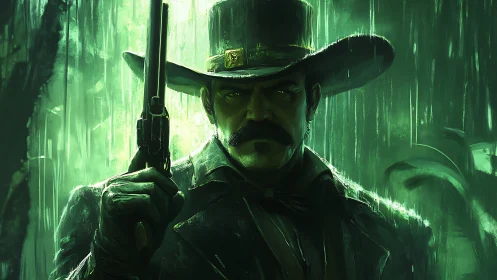 Grim swamp gunslinger bathed in eerie emerald rain.