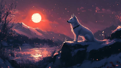 White dog watches fiery sunset over snowy mountain lake.