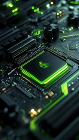 Glowing neon CPU core illuminates futuristic motherboard circuitry