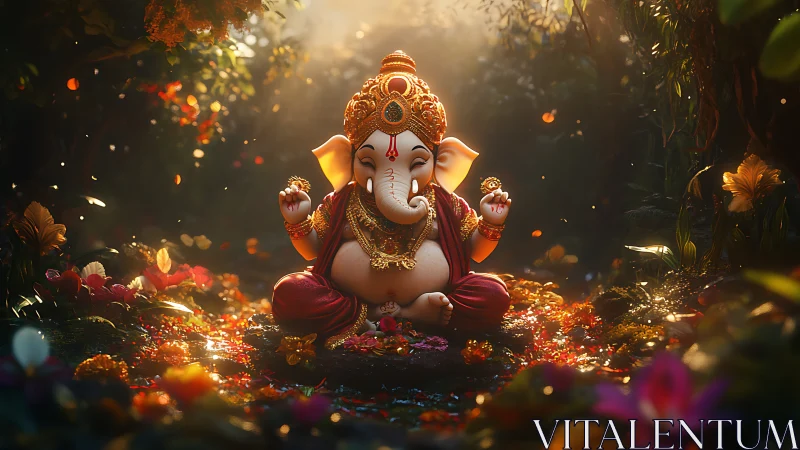 Ganesh figure seated in forest clearing with floral ground.