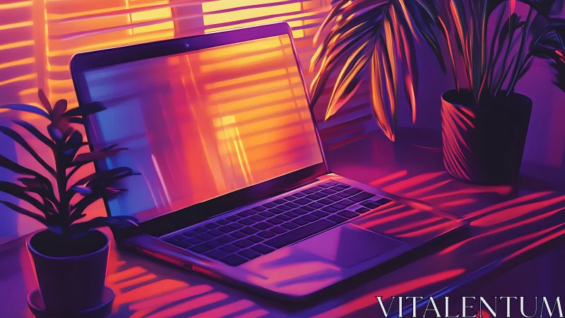 Neon-lit laptop workspace with plants in digital painting style.