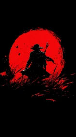 Lone gunslinger silhouette walks before blood red moon