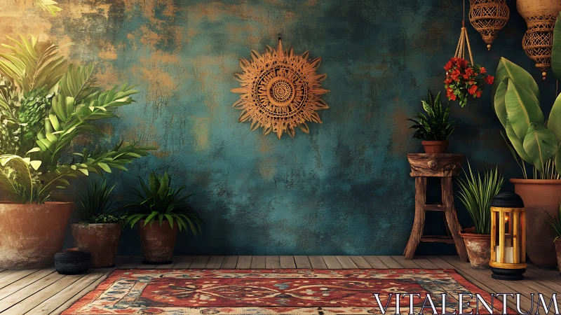 Boho botanical interior with teal patina wall and woven sunburst.