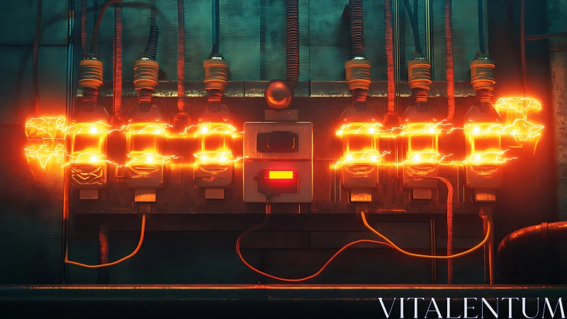 Overloaded industrial fuse panel channels volatile orange arcs