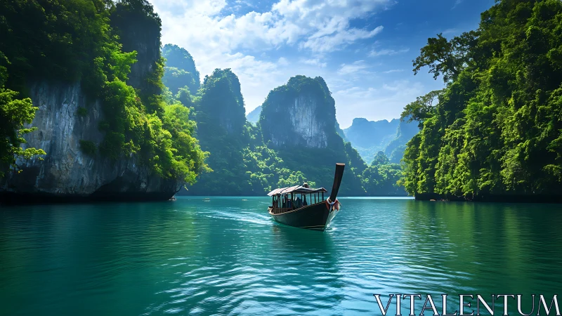 Limestone Formations Frame Traditional Longtail Boat in Emerald Waters