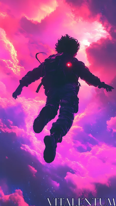 Starlit drifter ascends through neon storm clouds of dusk