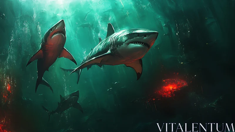 Luminous abyssal sharks over volcanic seabed disturbance.