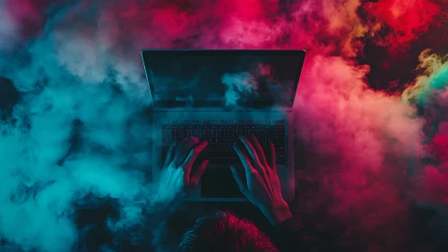 Hacker’s hands glow over laptop in neon cyber smoke haze