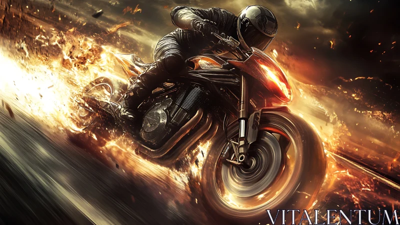 Motorcyclist racing through fire on dramatic highway scene.