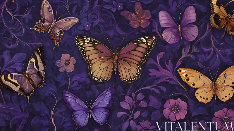 Midnight garden of storybook butterflies in violet hush.