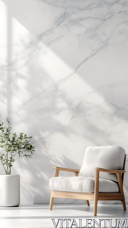 Minimalist lounge corner with soft daylight and marble wall