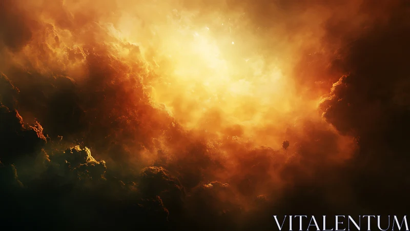 Fiery cosmic nebula glows within swirling storm clouds.
