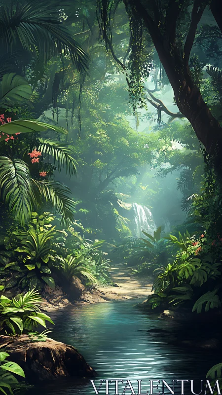 Lush jungle river scene with sunlight and distant waterfall.