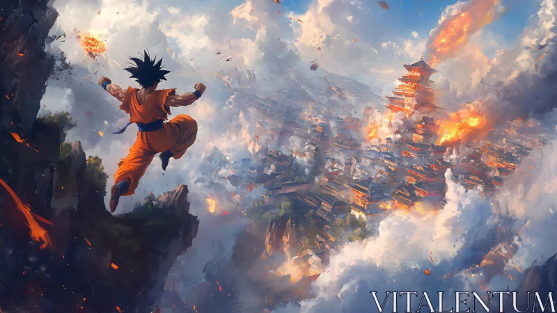 Dynamic anime battle vista with explosive aerial perspective.
