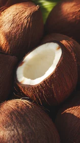 Macro close up of halved brown coconuts in warm daylight