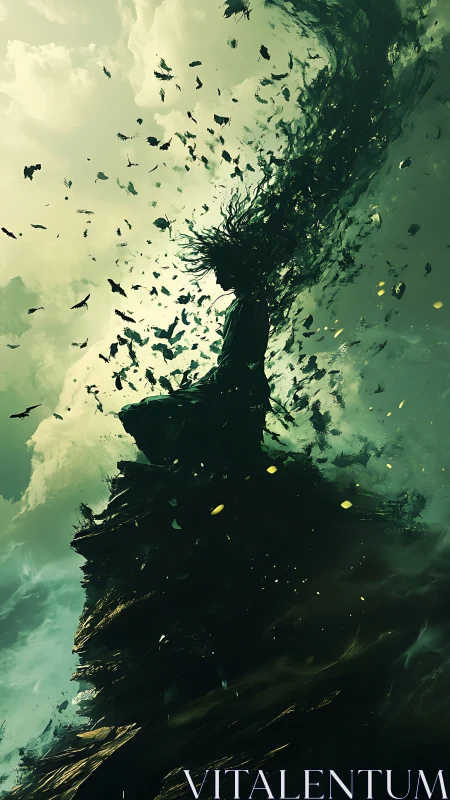 Silhouetted figure dissolves into swirling leaves and sky