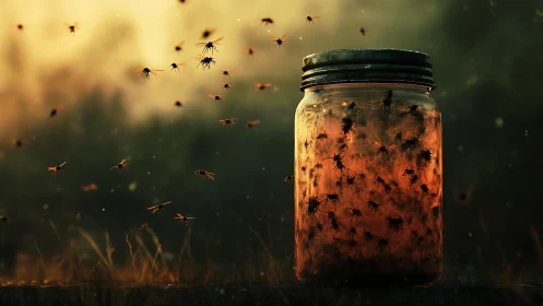 Jar of twilight fireflies drifting into the dusky field.