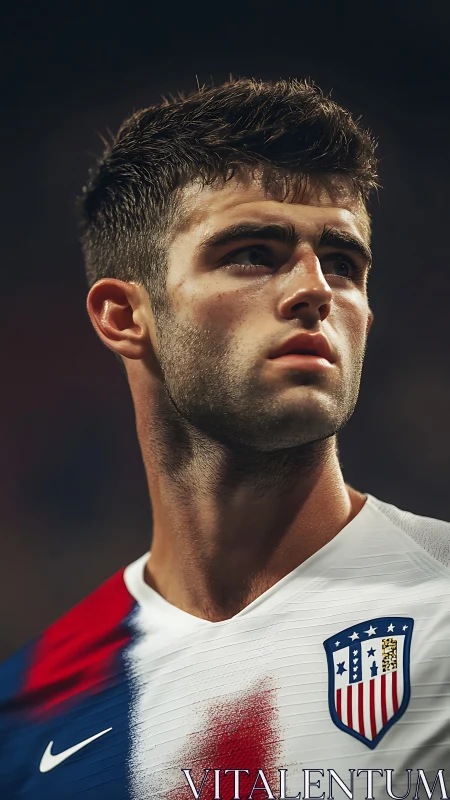 Focused soccer player in USA kit under stadium lights.