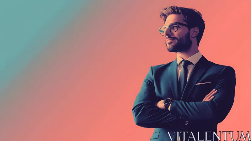 Confident young professional stands against soft pastel glow