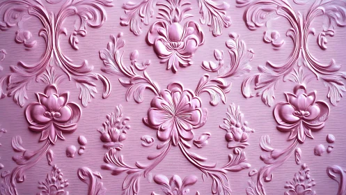 Ornate pink floral relief wallpaper in high sculpted detail.
