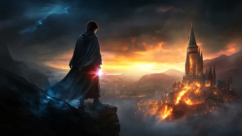 Cloaked figure observing burning castle at sunset horizon.
