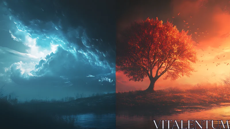 Bipolar landscape contrasts cyan storm clouds and vermilion tree